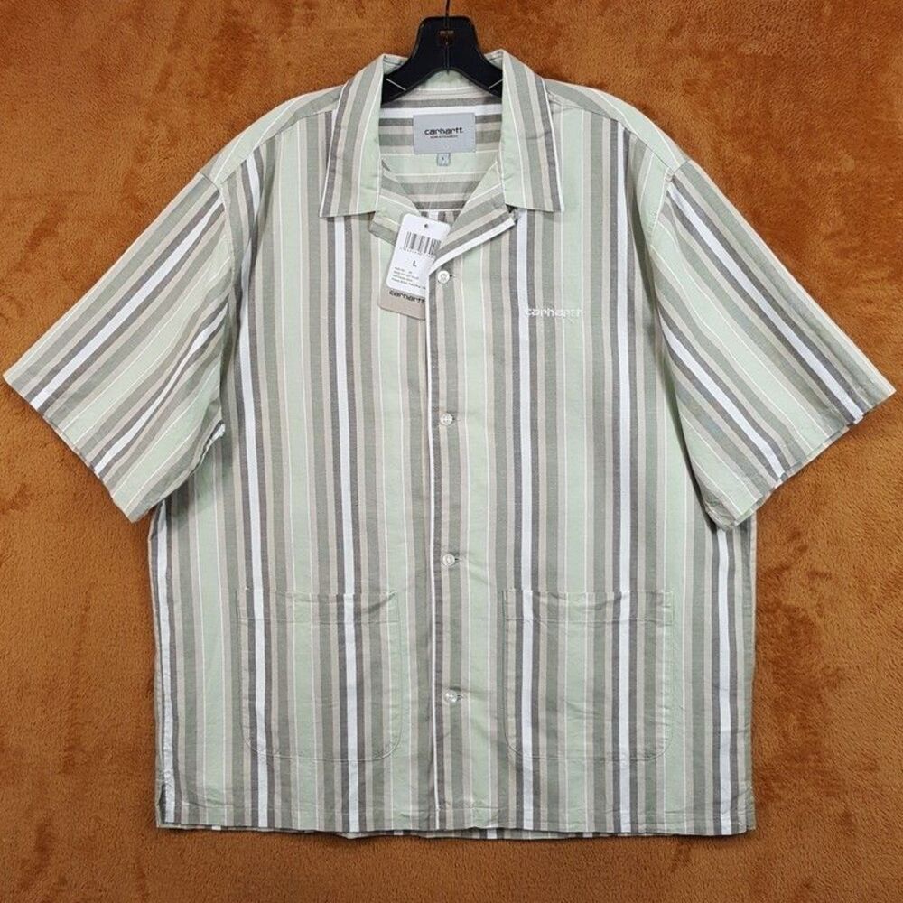 CARHARTT WIP Button Shirt Mens Large Green Stripe Cotton Linen FOLSEY $158
